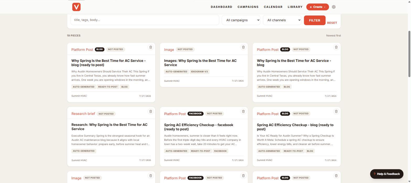 A content library showing research briefs, written posts, and generated images for one brand